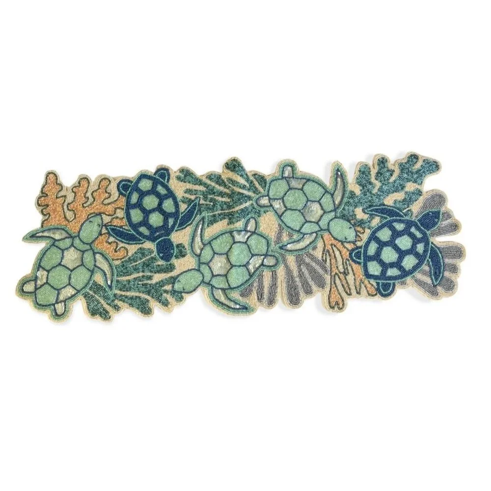 Sea Turtles Beaded Table Runner 36x14 Nautical Coral Ocean Beach Summer House